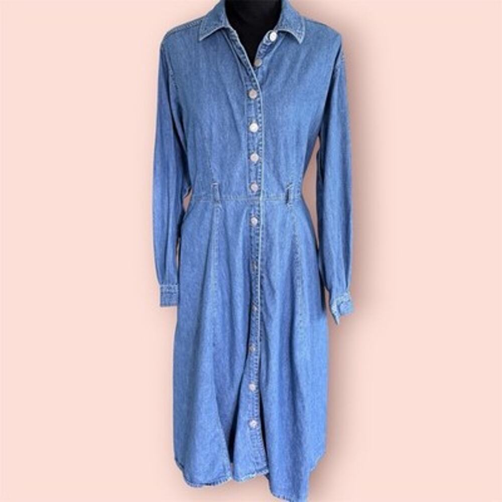 Vtg 90s Denim Dress Womens 12 Blue Jean Maxi Duster Button Front Long Sleeve